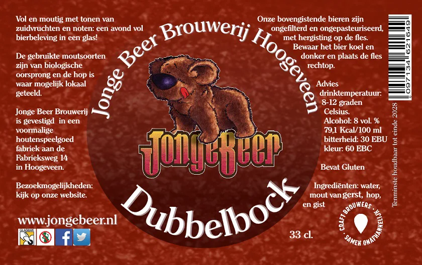 Etiket van Dubbelbock, bier van Jonge Beer Brouwerij Hoogeveen