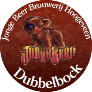Rond etiket van Dubbelbock met het beertje van Jonge Beer
