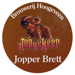Rond etiket van Jopper Brett met het beertje van Jonge Beer