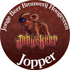 Rond etiket van Jopper met het beertje van Jonge Beer